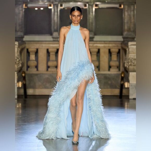 NEW BRONX AND BANCO Madeline Halterneck Gown in Powder Blue Feathered Gown - Picture 1 of 16